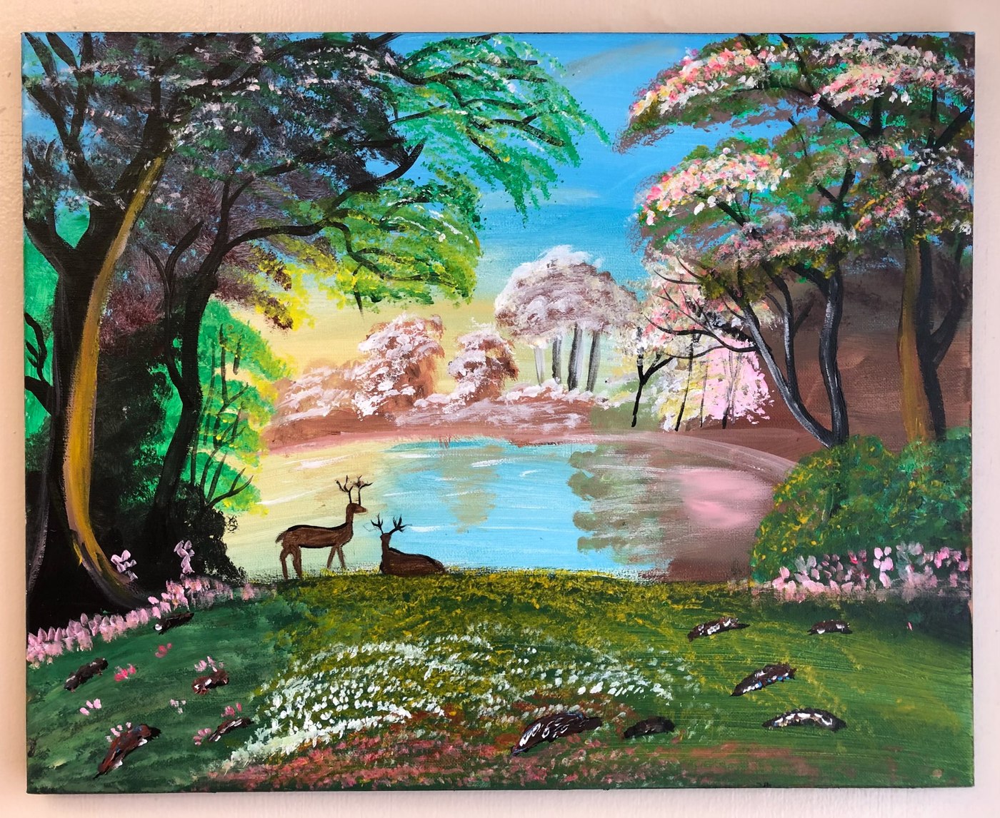Original painting by Nargis: two deer beside a forest pond at sunset
